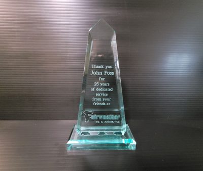 An engraved Acrylic Award for Fairweather Tire