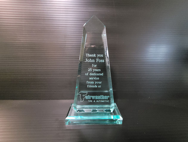 An engraved Acrylic Award for Fairweather Tire