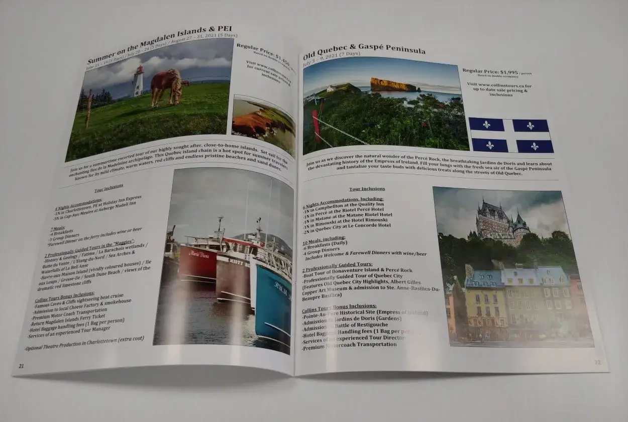 Collins Tours tour booklet opened to a page about PEI and Quebec tours